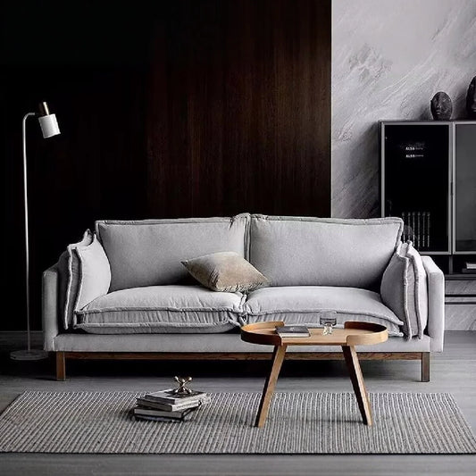 Middle ancient style light gray velvet fabric three person sofa solid wood frame living room straight row fabric sofa