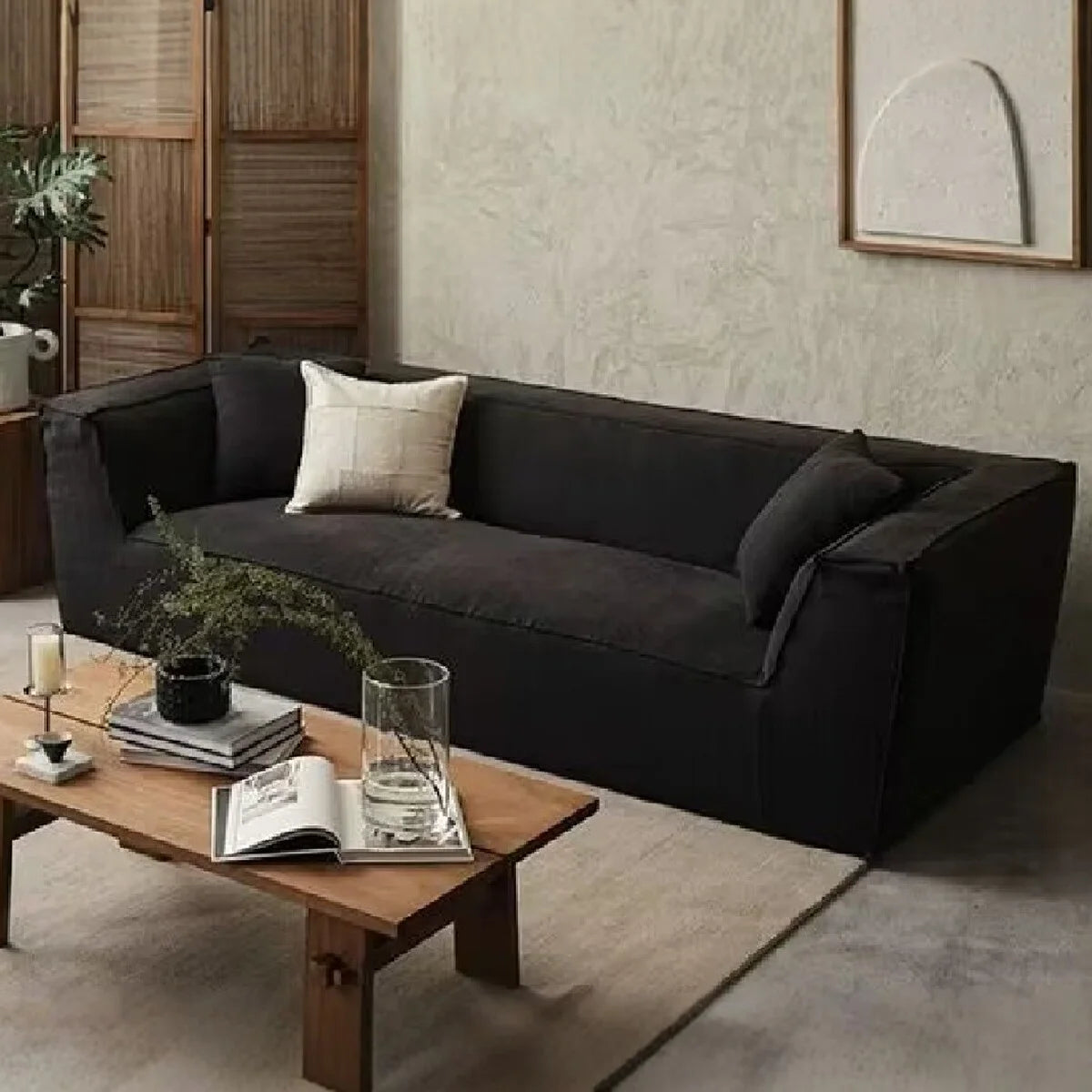 Middle ancient style black linen fabric three person sofa straight row removable washable sofa Wabi Sabi style living room sofa
