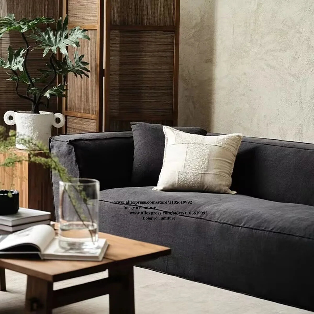 Middle ancient style black linen fabric three person sofa straight row removable washable sofa Wabi Sabi style living room sofa