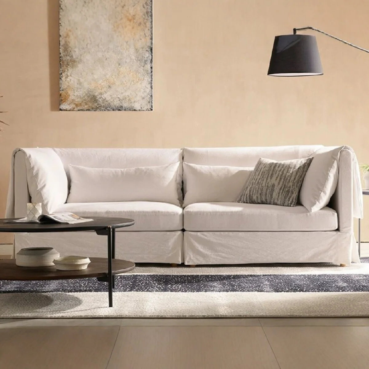 Wabi Sabi style linen straight row sofa, all inclusive, removable and washable cloth cover, small-sized three seater sofa
