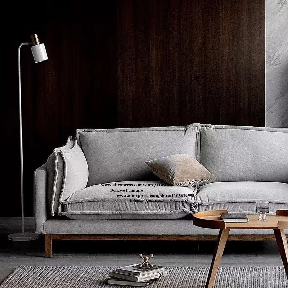 Middle ancient style light gray velvet fabric three person sofa solid wood frame living room straight row fabric sofa
