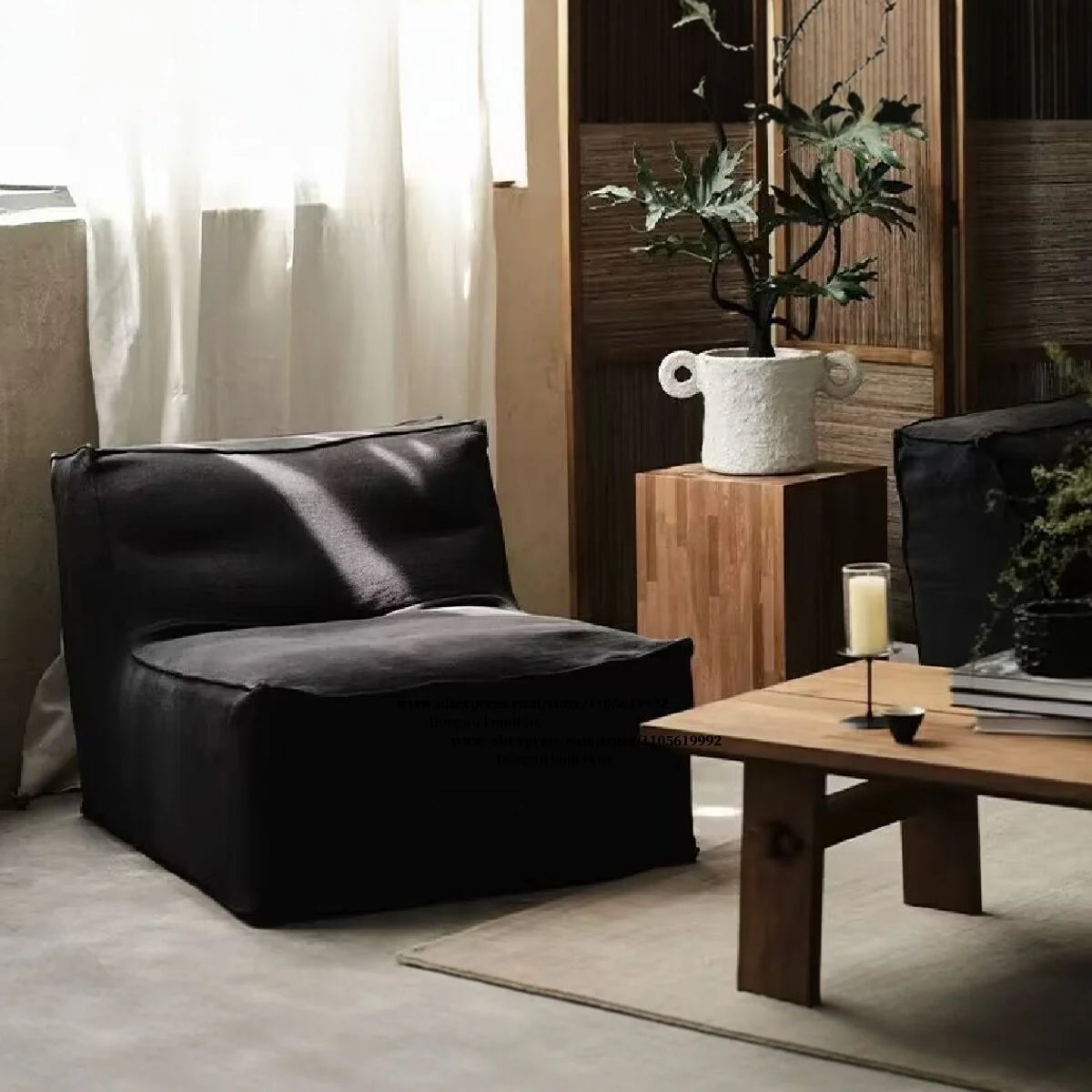 Middle ancient style black linen fabric three person sofa straight row removable washable sofa Wabi Sabi style living room sofa