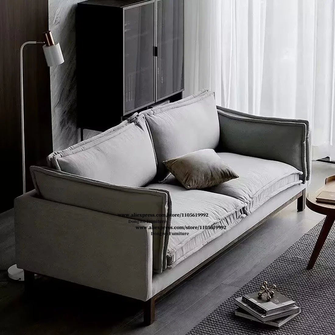 Middle ancient style light gray velvet fabric three person sofa solid wood frame living room straight row fabric sofa