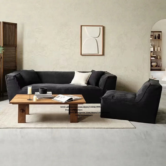 Middle ancient style black linen fabric three person sofa straight row removable washable sofa Wabi Sabi style living room sofa
