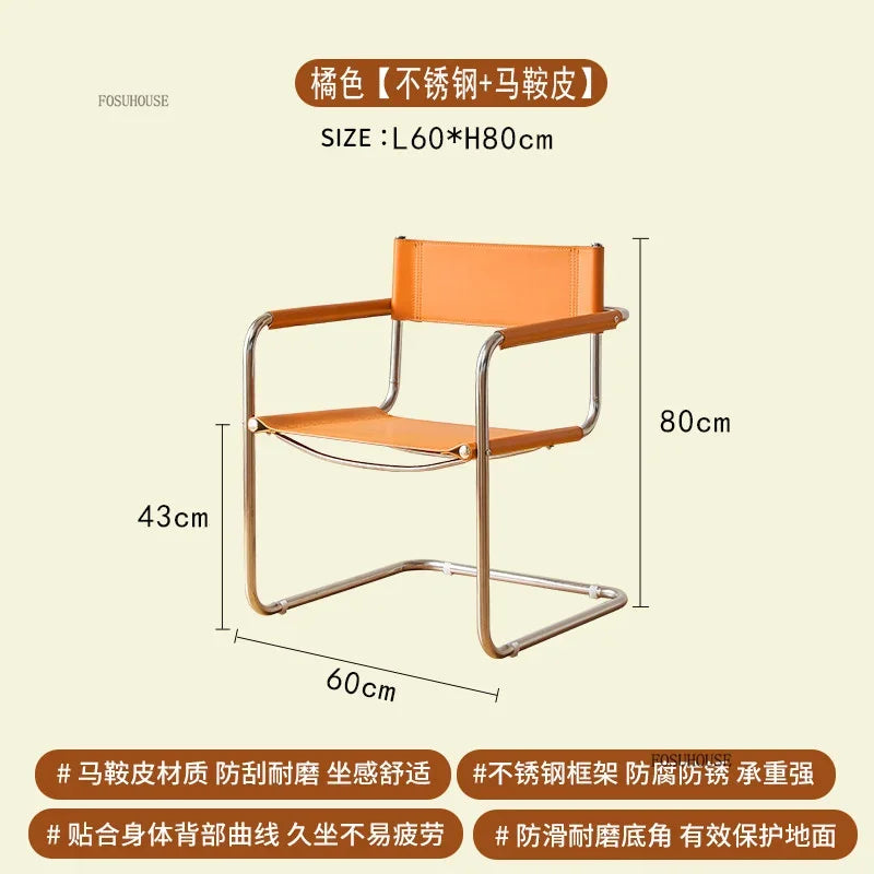 Stainless Steel Metal Chair Casual Dining Furniture Modern Leather Lounge Armchair for Bedroom Library Home Accent Decor