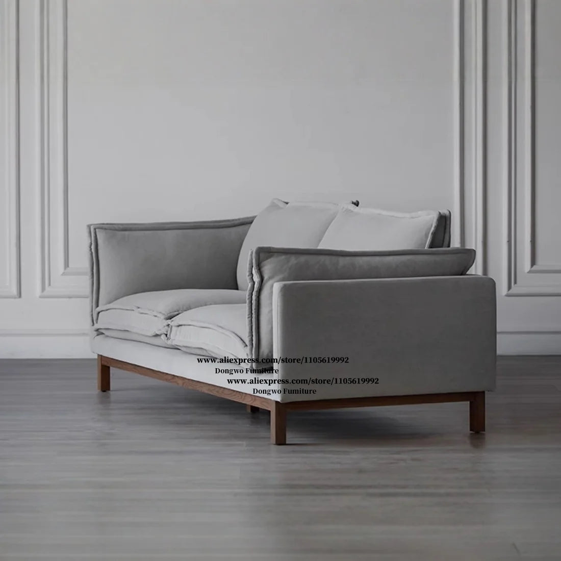 Middle ancient style light gray velvet fabric three person sofa solid wood frame living room straight row fabric sofa