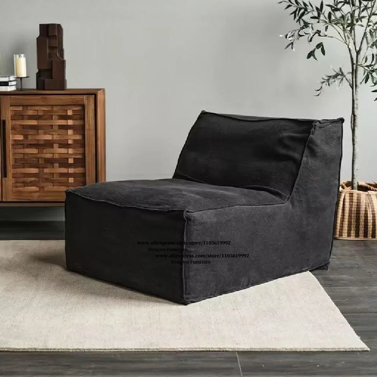 Middle ancient style black linen fabric three person sofa straight row removable washable sofa Wabi Sabi style living room sofa