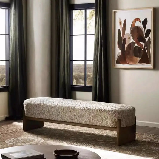 Wabi Sabi Style Boucle Upholstered Bench，Modern Minimalist End of Bed Bench Entryway Shoe Stool for Bedroom Living Room Decor