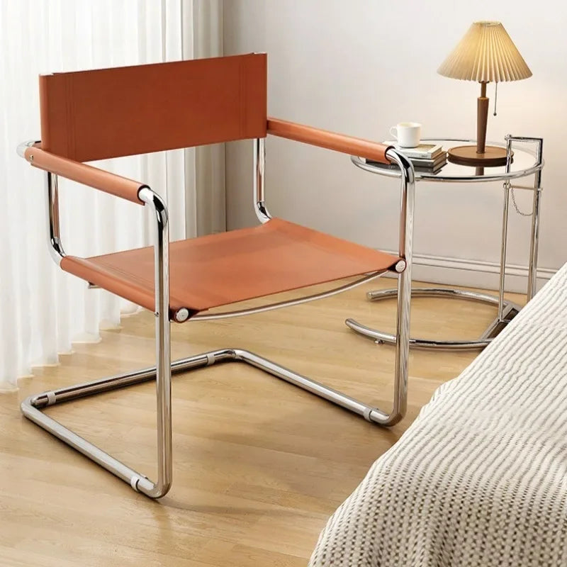 Stainless Steel Metal Chair Casual Dining Furniture Modern Leather Lounge Armchair for Bedroom Library Home Accent Decor