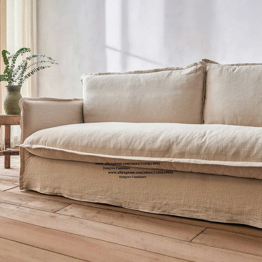 Wabi Sabi style linen fabric straight row sofa, removable washable and washable set, living room double triple seat floor sofa
