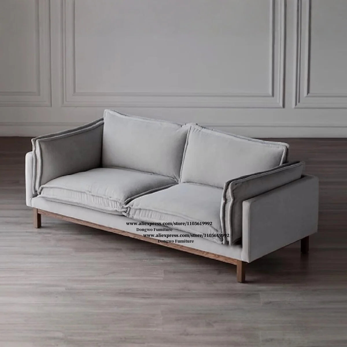 Middle ancient style light gray velvet fabric three person sofa solid wood frame living room straight row fabric sofa