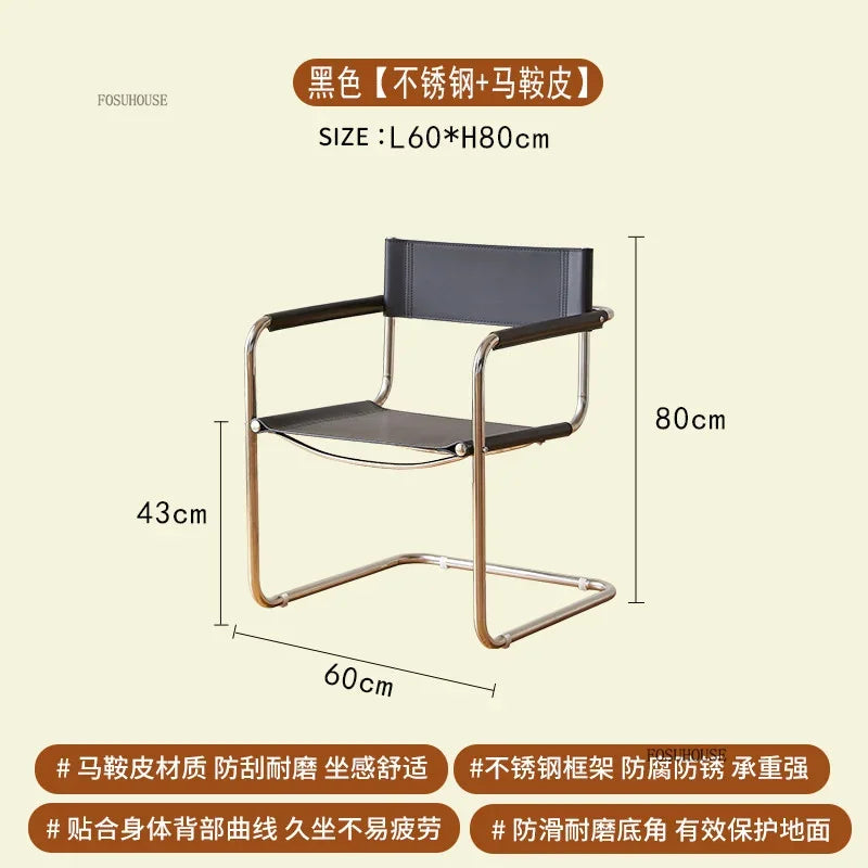 Stainless Steel Metal Chair Casual Dining Furniture Modern Leather Lounge Armchair for Bedroom Library Home Accent Decor