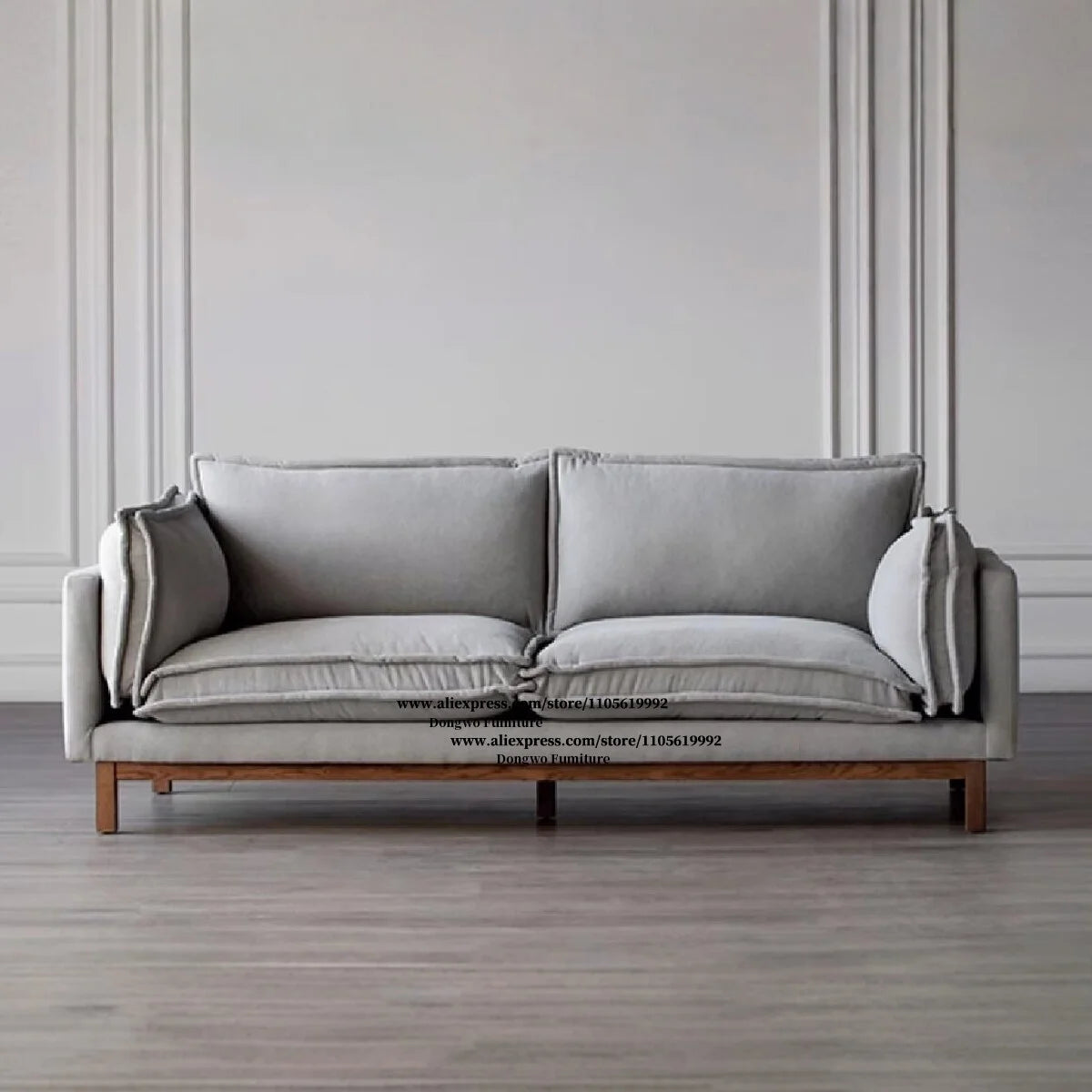 Middle ancient style light gray velvet fabric three person sofa solid wood frame living room straight row fabric sofa