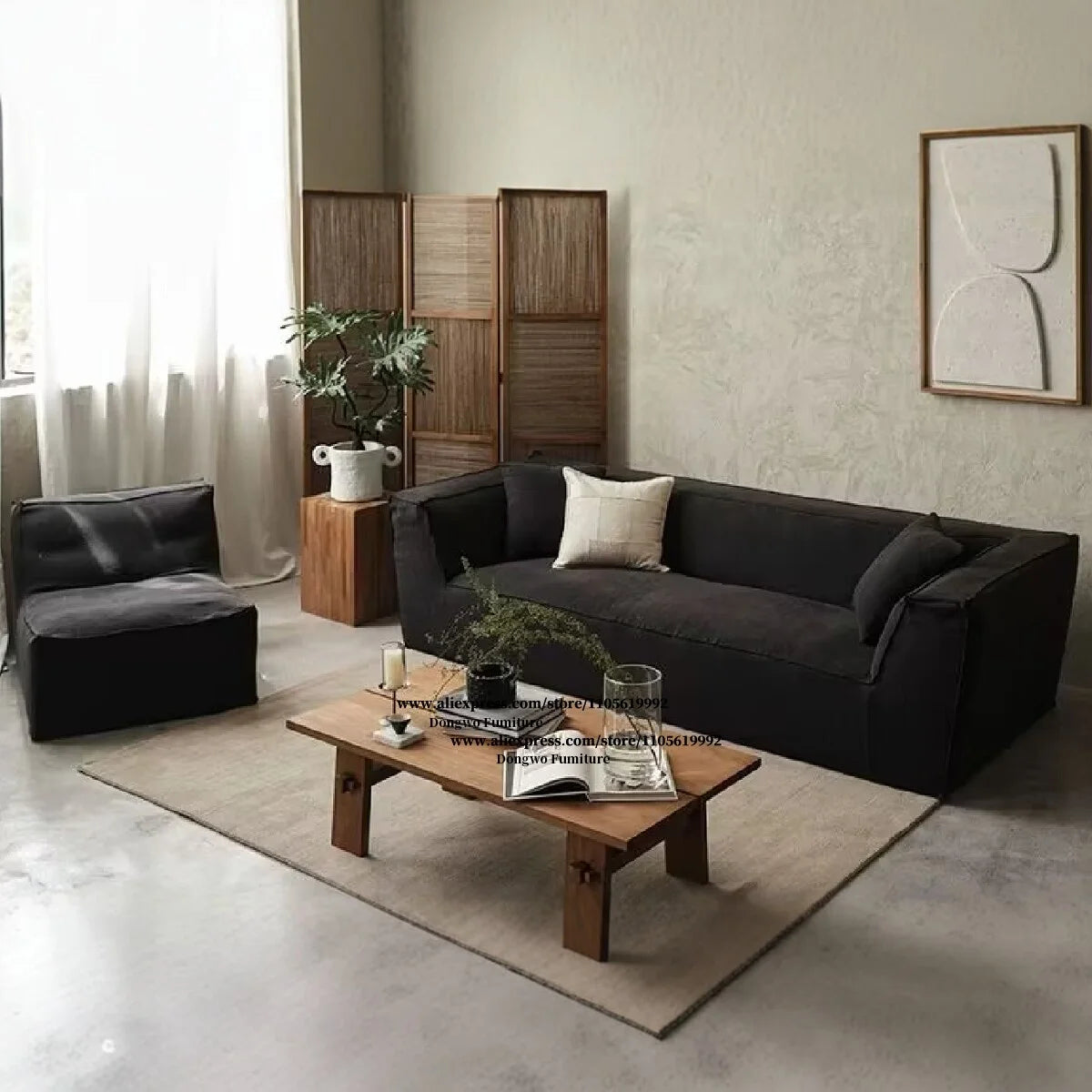 Middle ancient style black linen fabric three person sofa straight row removable washable sofa Wabi Sabi style living room sofa