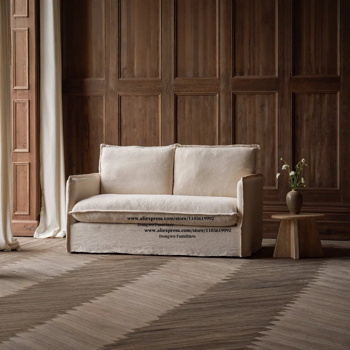 Wabi Sabi style linen fabric straight row sofa, removable washable and washable set, living room double triple seat floor sofa